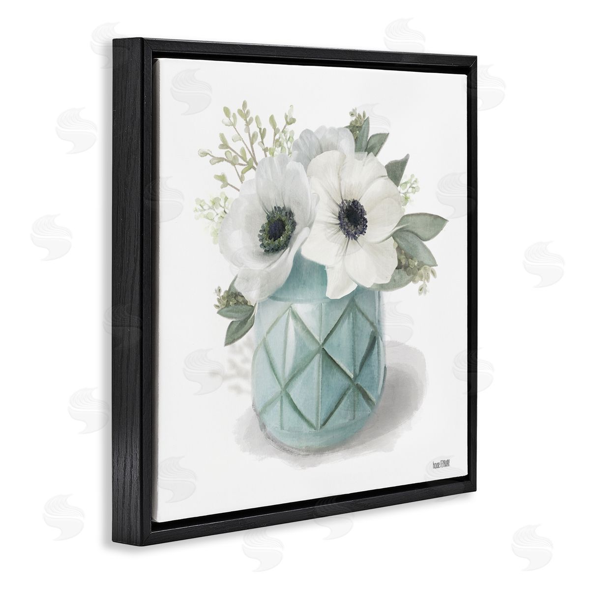 White Flowers in Turquoise Vase Black Floating Frame Canvas Wall Art, Home Decor by House Fenway