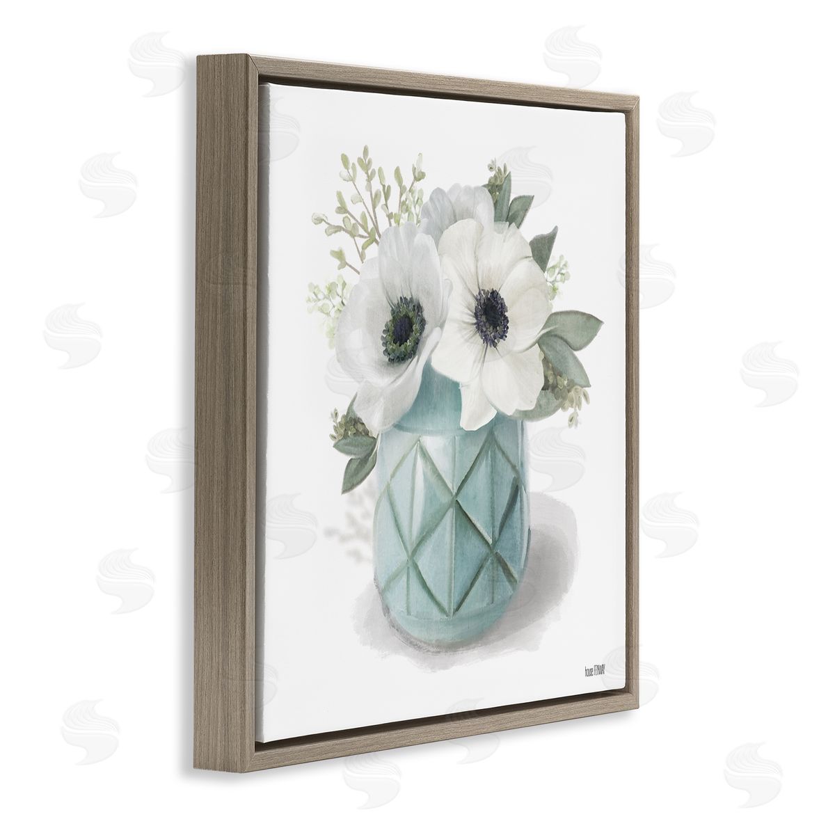 White Flowers in Turquoise Vase Brown Floating Frame Canvas Wall Art, Home Decor by House Fenway