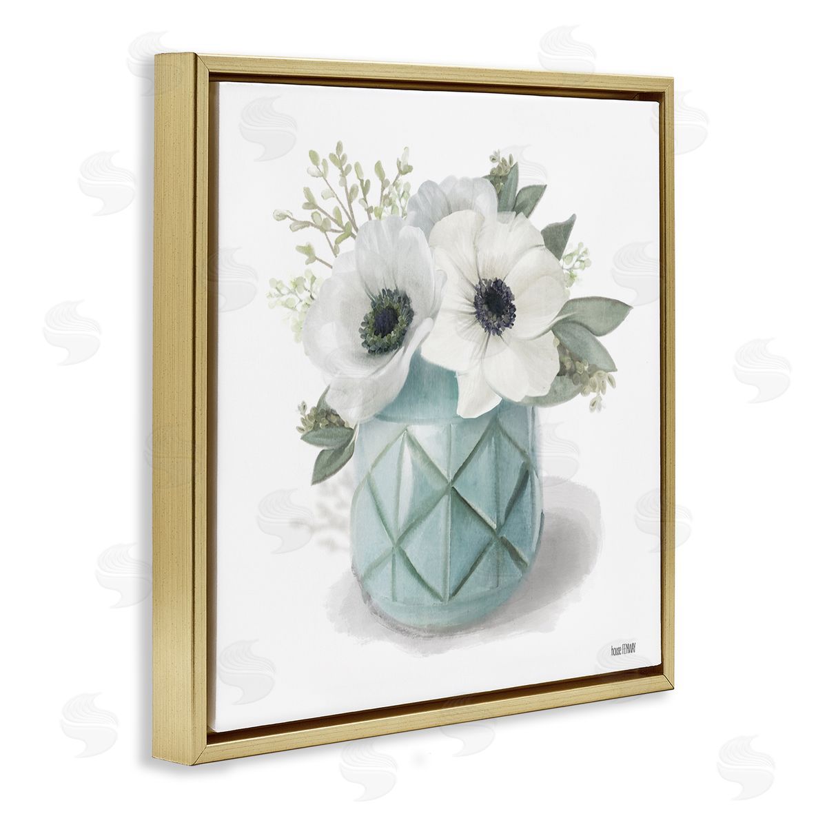 White Flowers in Turquoise Vase Gold Floating Frame Canvas Wall Art, Home Decor by House Fenway