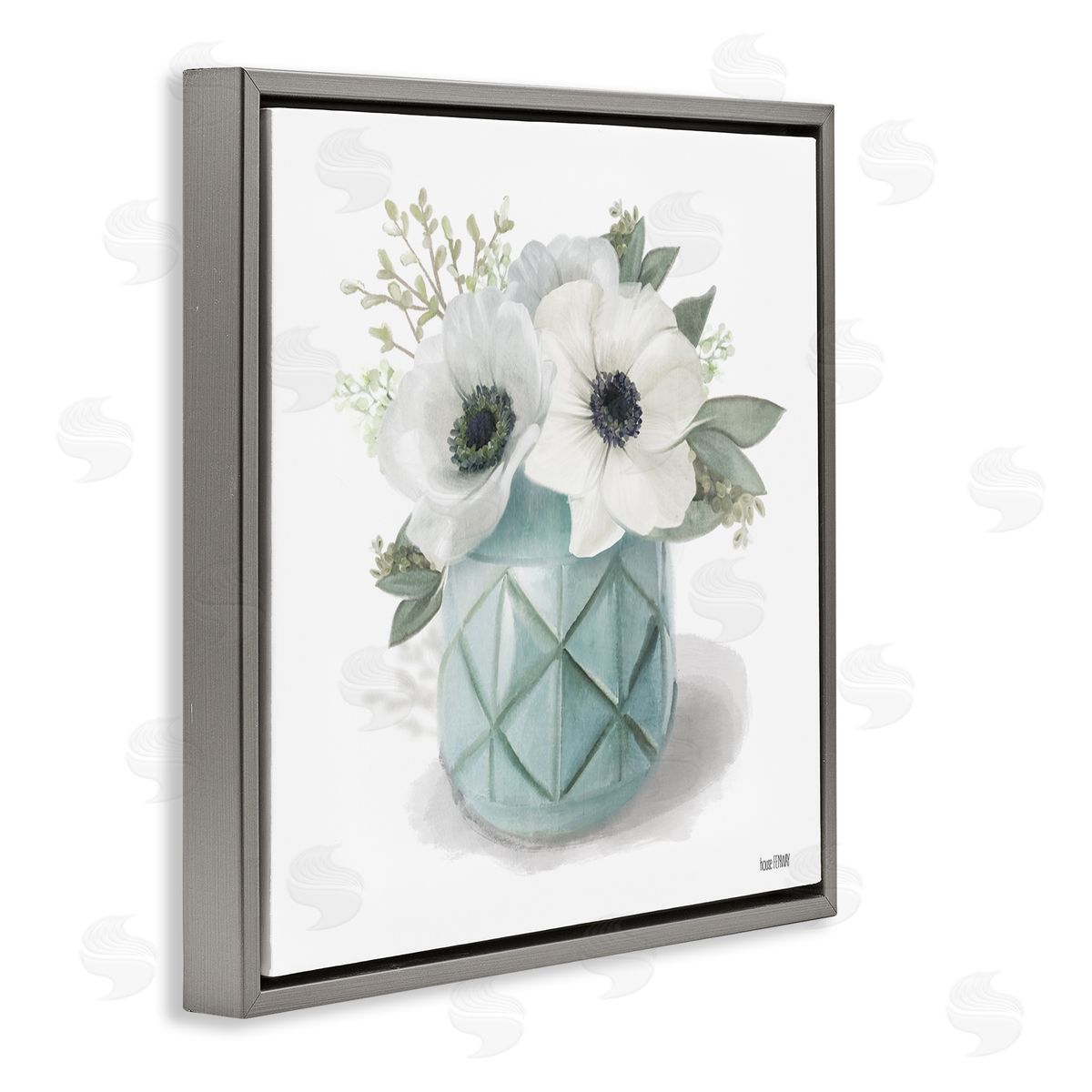 White Flowers in Turquoise Vase Grey Floating Frame Canvas Wall Art, Home Decor by House Fenway
