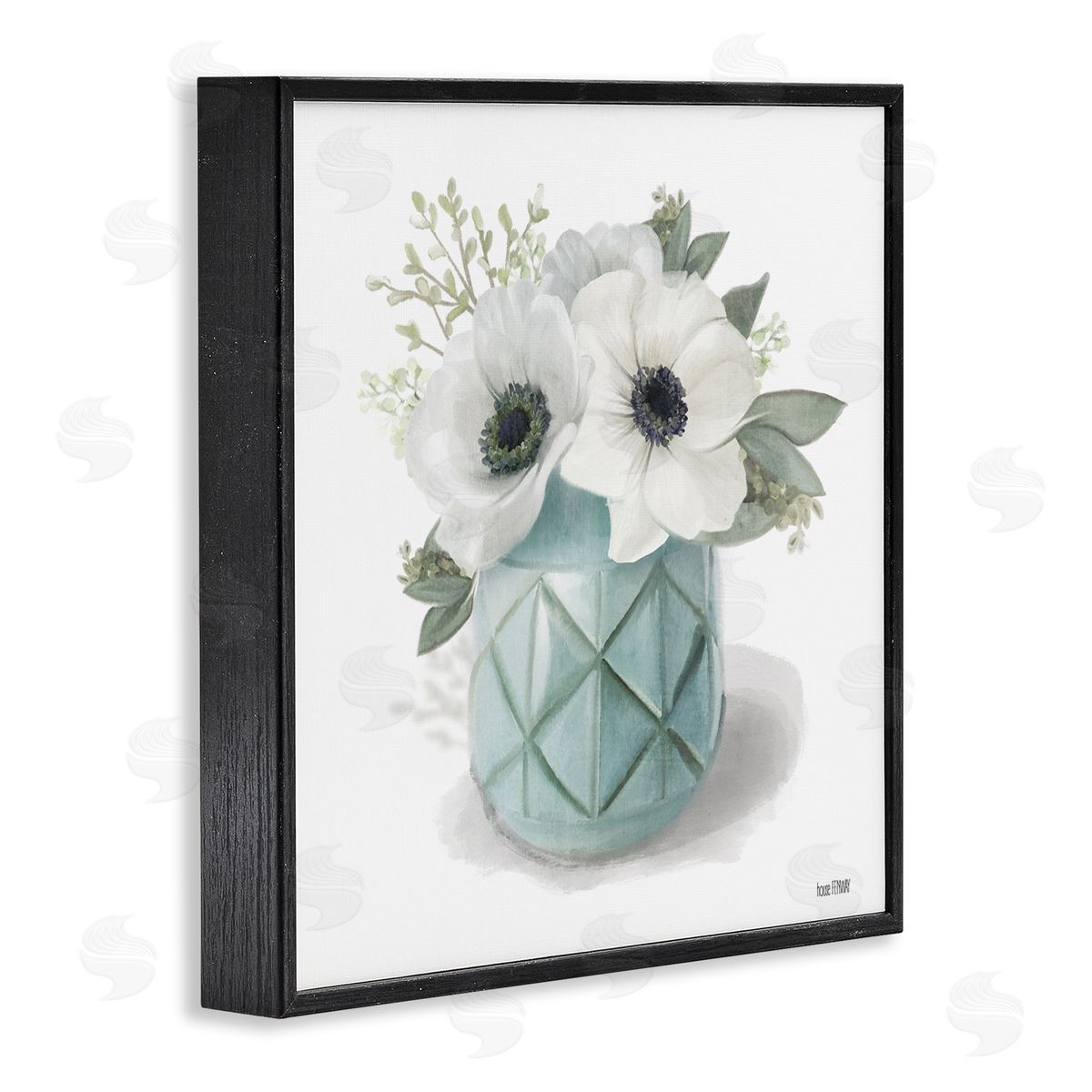 White Flowers in Turquoise Vase Black Frame Print Wall Art, Home Decor by House Fenway