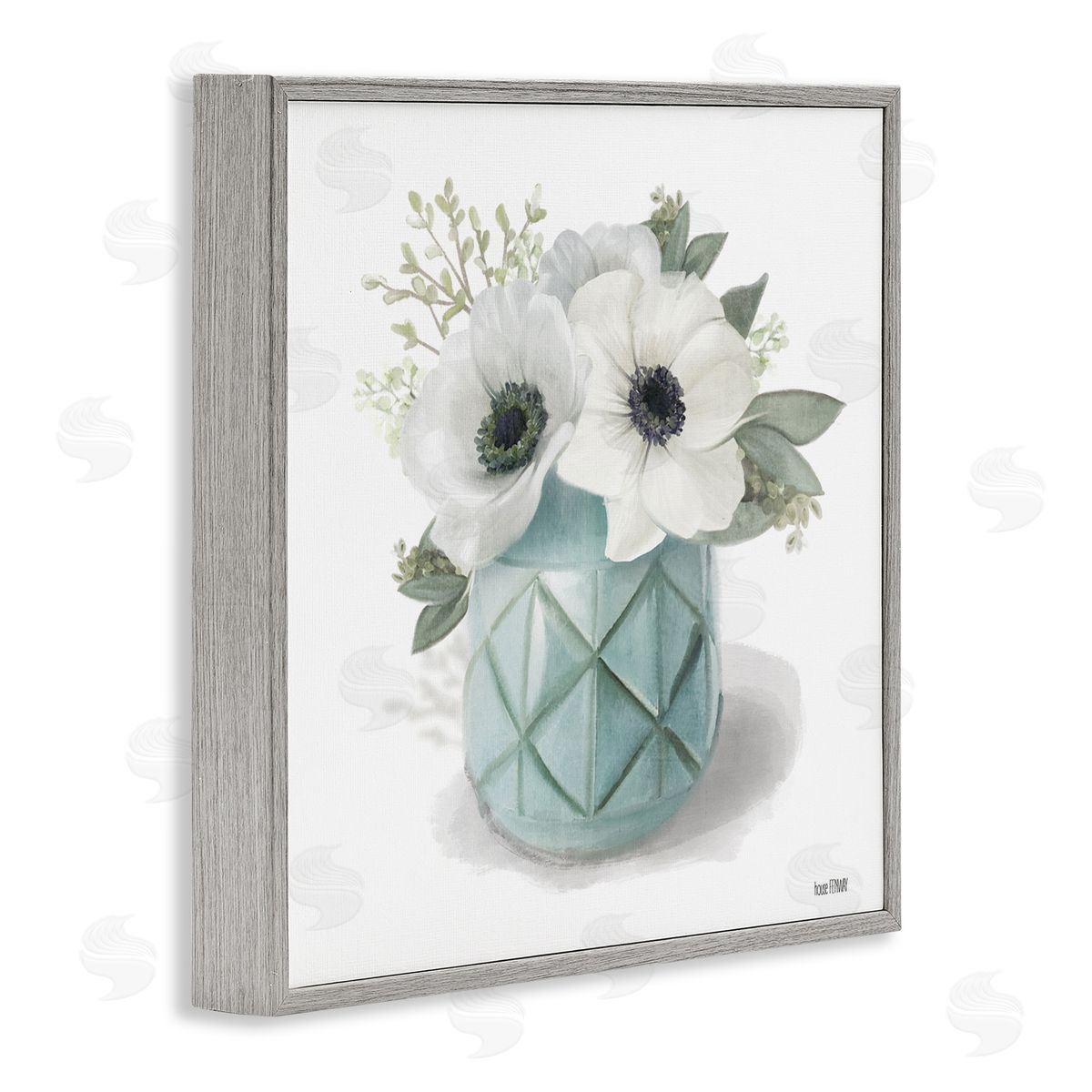 White Flowers in Turquoise Vase Grey Frame Print Wall Art, Home Decor by House Fenway