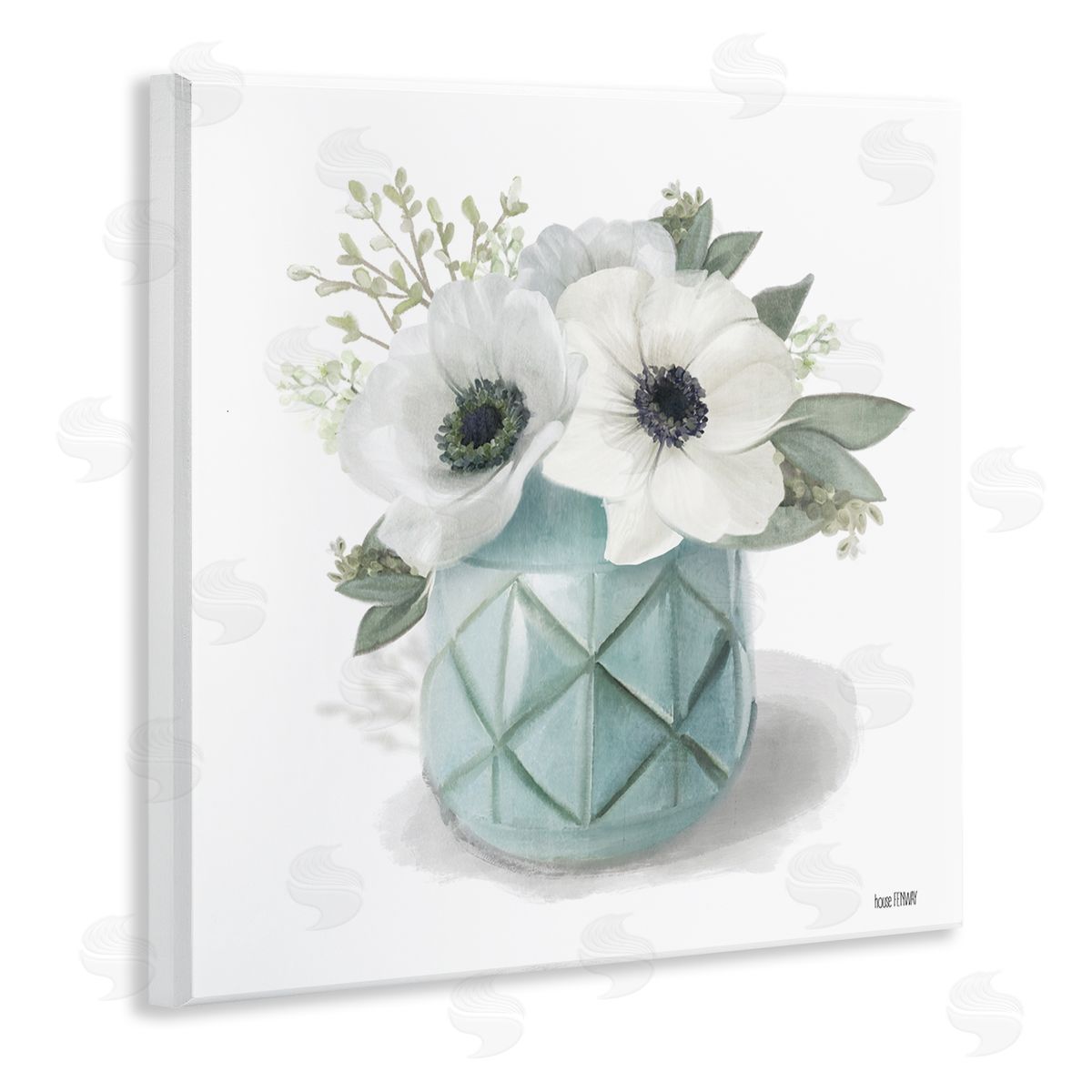 White Flowers in Turquoise Vase Wood Plaque Wall Art, Home Decor by House Fenway