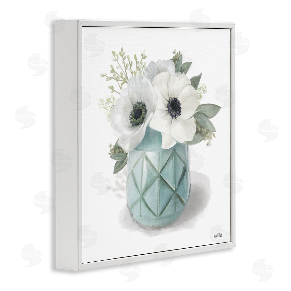 White Flowers in Turquoise Vase White Frame Print Wall Art, Home Decor by House Fenway