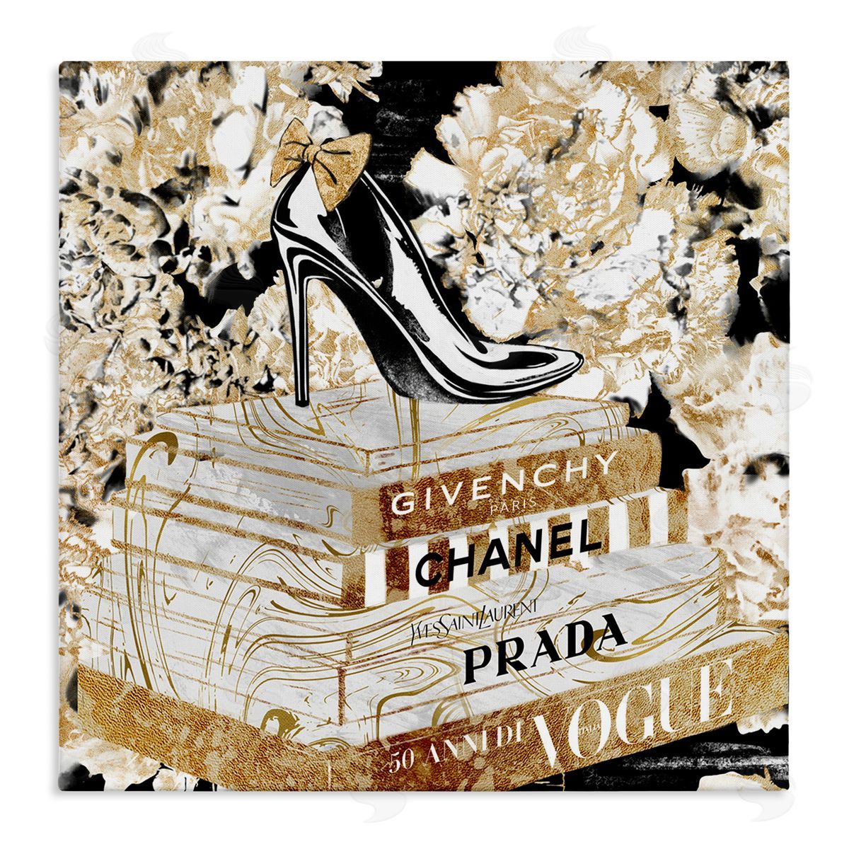 Black Heels on Golden Books Canvas Wall Art, Home Decor by Ziwei Li