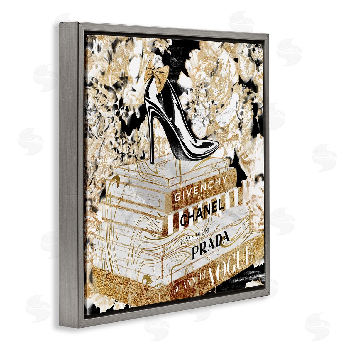 Black Heels on Golden Books Grey Floating Frame Canvas Wall Art, Home Decor by Ziwei Li