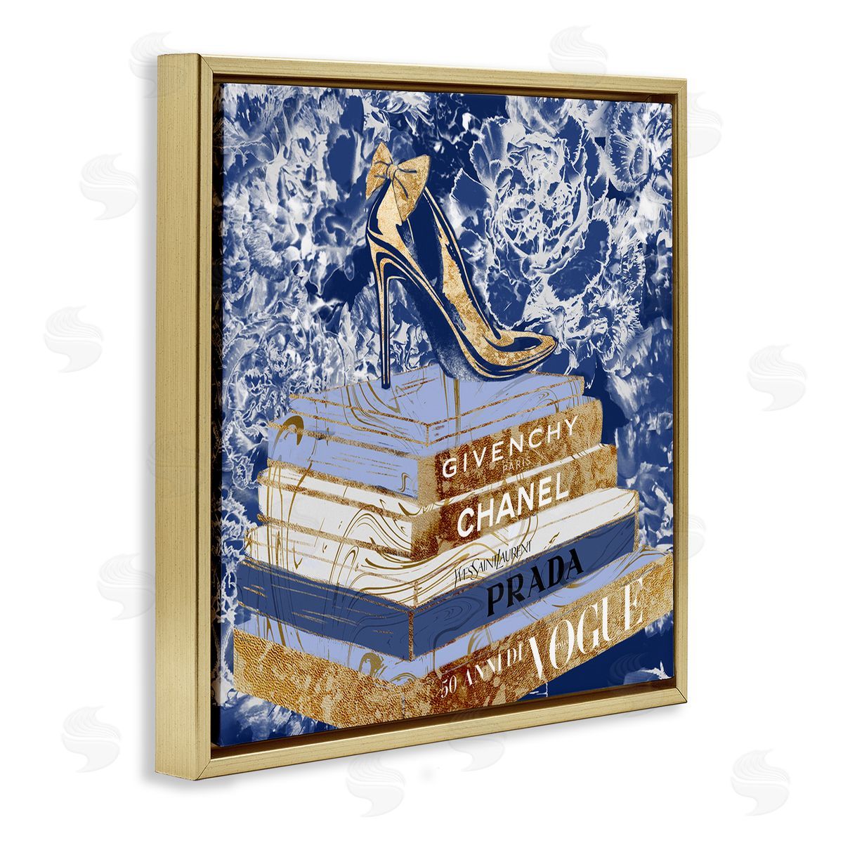 Heels on Fashion Books Blue Gold Floating Frame Canvas Wall Art, Home Decor by Ziwei Li