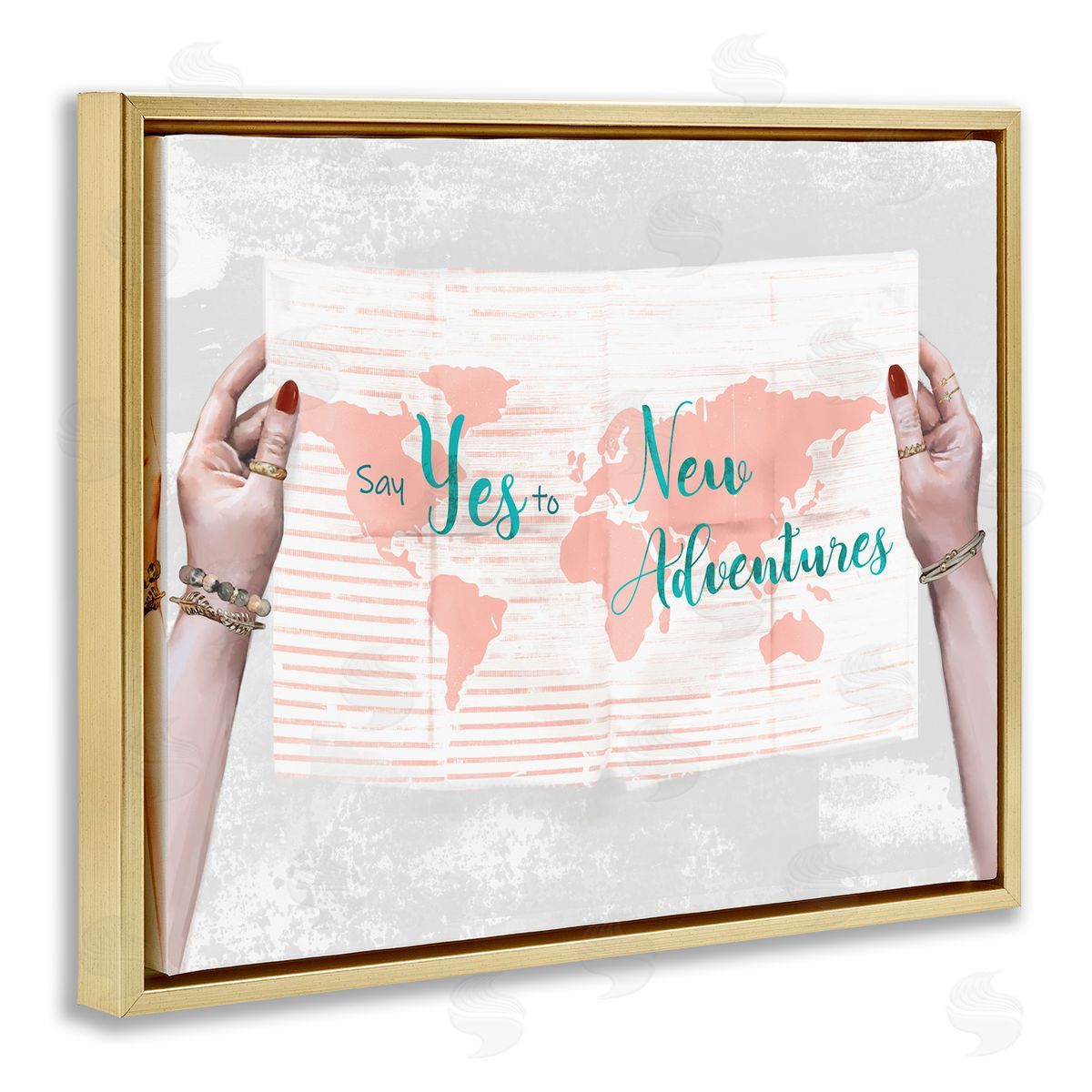 Yes to New Adventures Blue Pink Gold Floating Frame Canvas Wall Art, Home Decor by Ziwei Li
