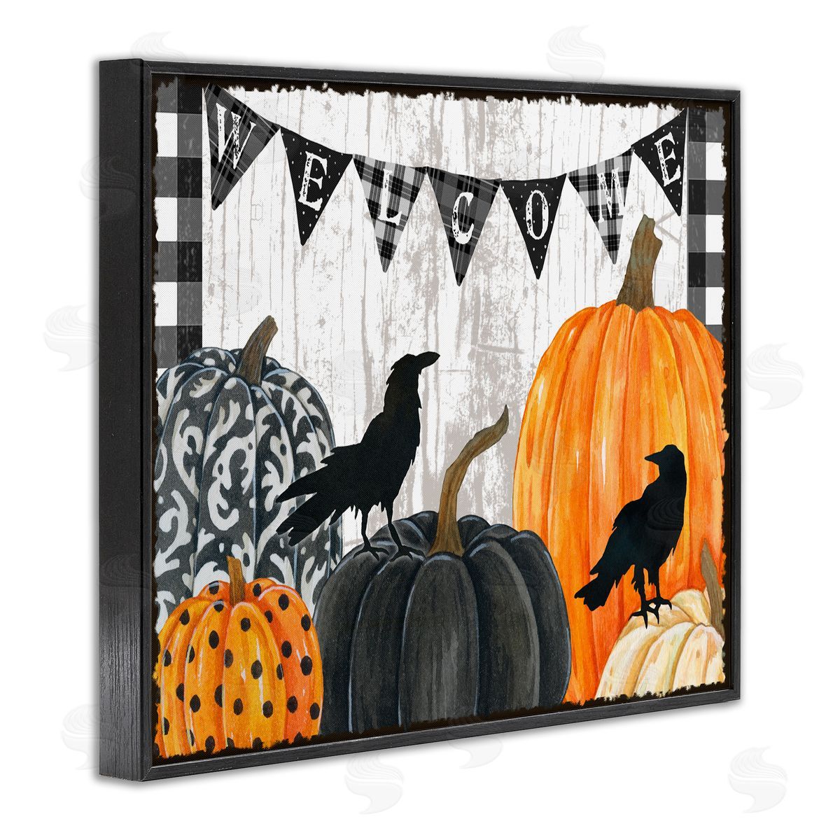 Welcome Crows and Pumpkins Black Frame Print Wall Art, Home Decor by Andrea Tachiera