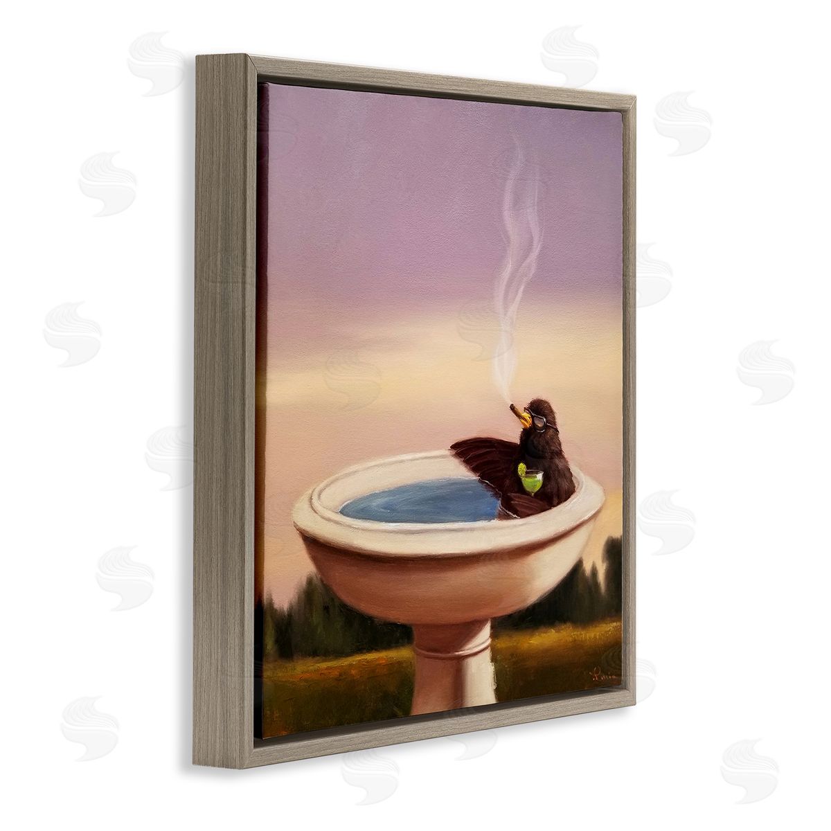 Birdbath with Cocktail Humor Brown Floating Frame Canvas Wall Art, Home Decor by Lucia Heffernan