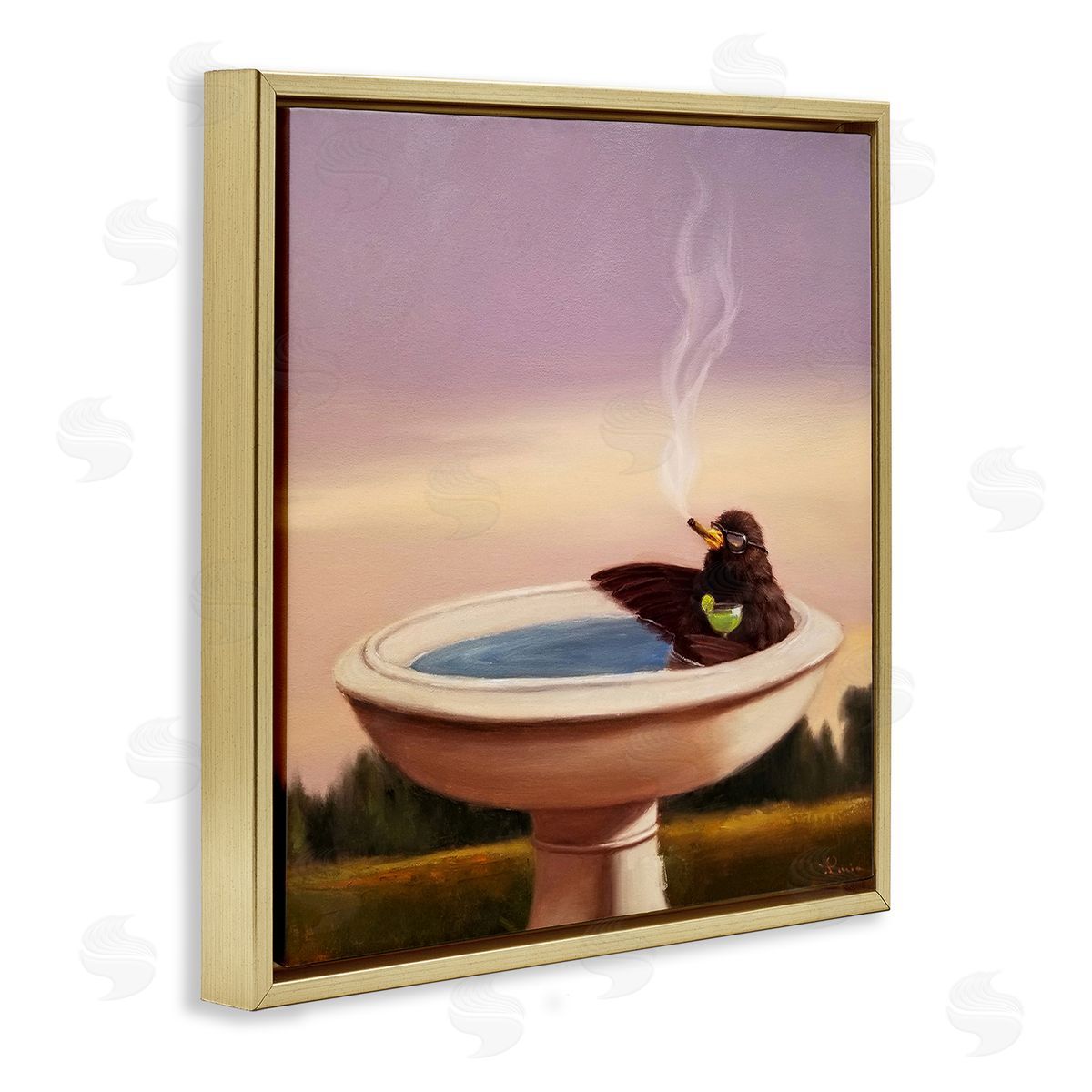 Birdbath with Cocktail Humor Gold Floating Frame Canvas Wall Art, Home Decor by Lucia Heffernan