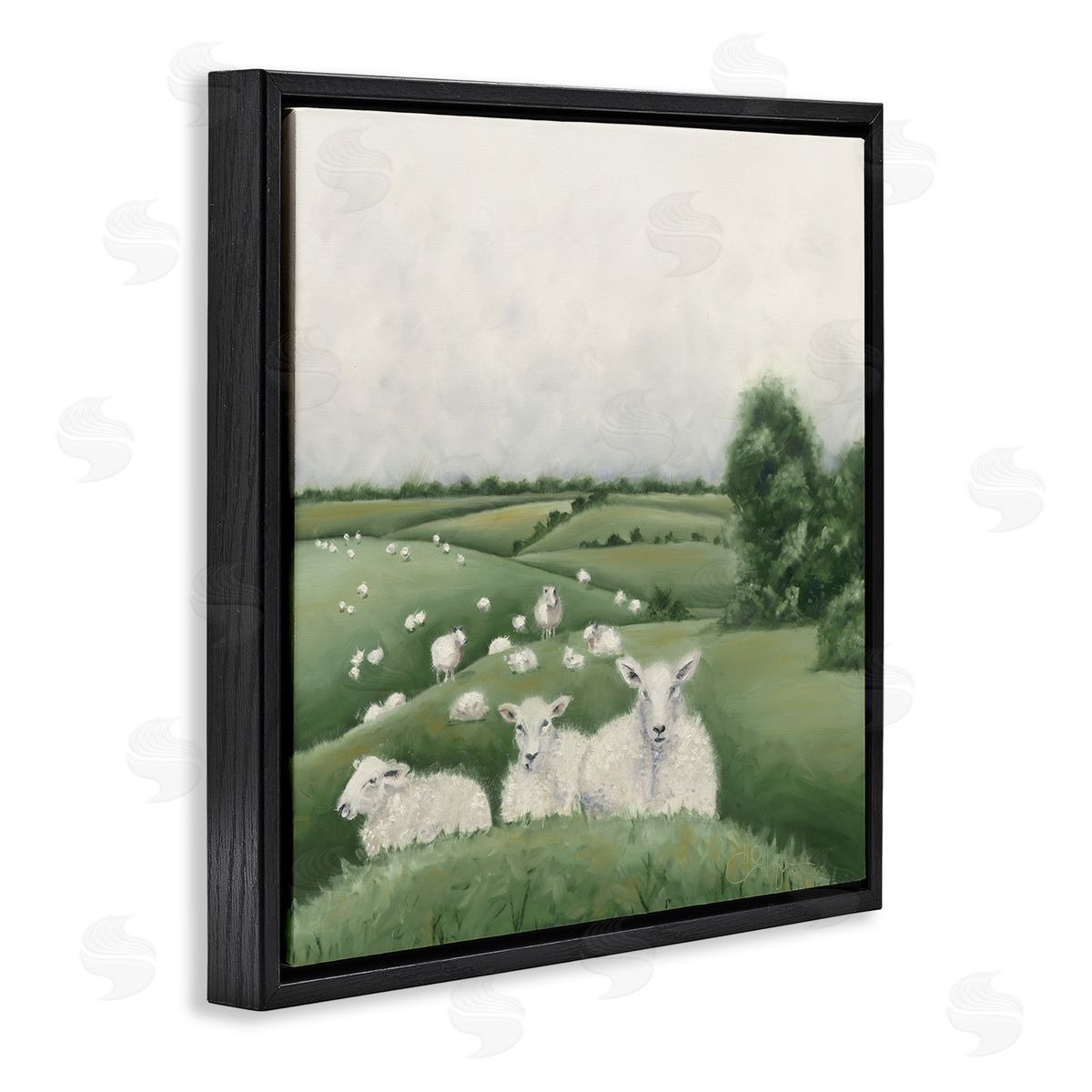 Sheep Flock in Rolling Hills Black Floating Frame Canvas Wall Art, Home Decor by Hollihocks Art