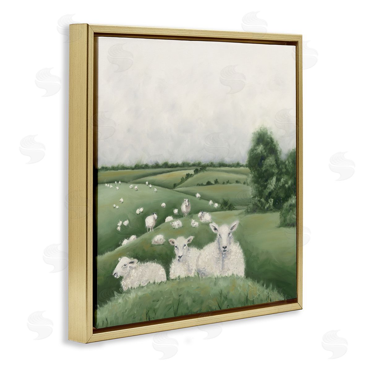 Sheep Flock in Rolling Hills Gold Floating Frame Canvas Wall Art, Home Decor by Hollihocks Art