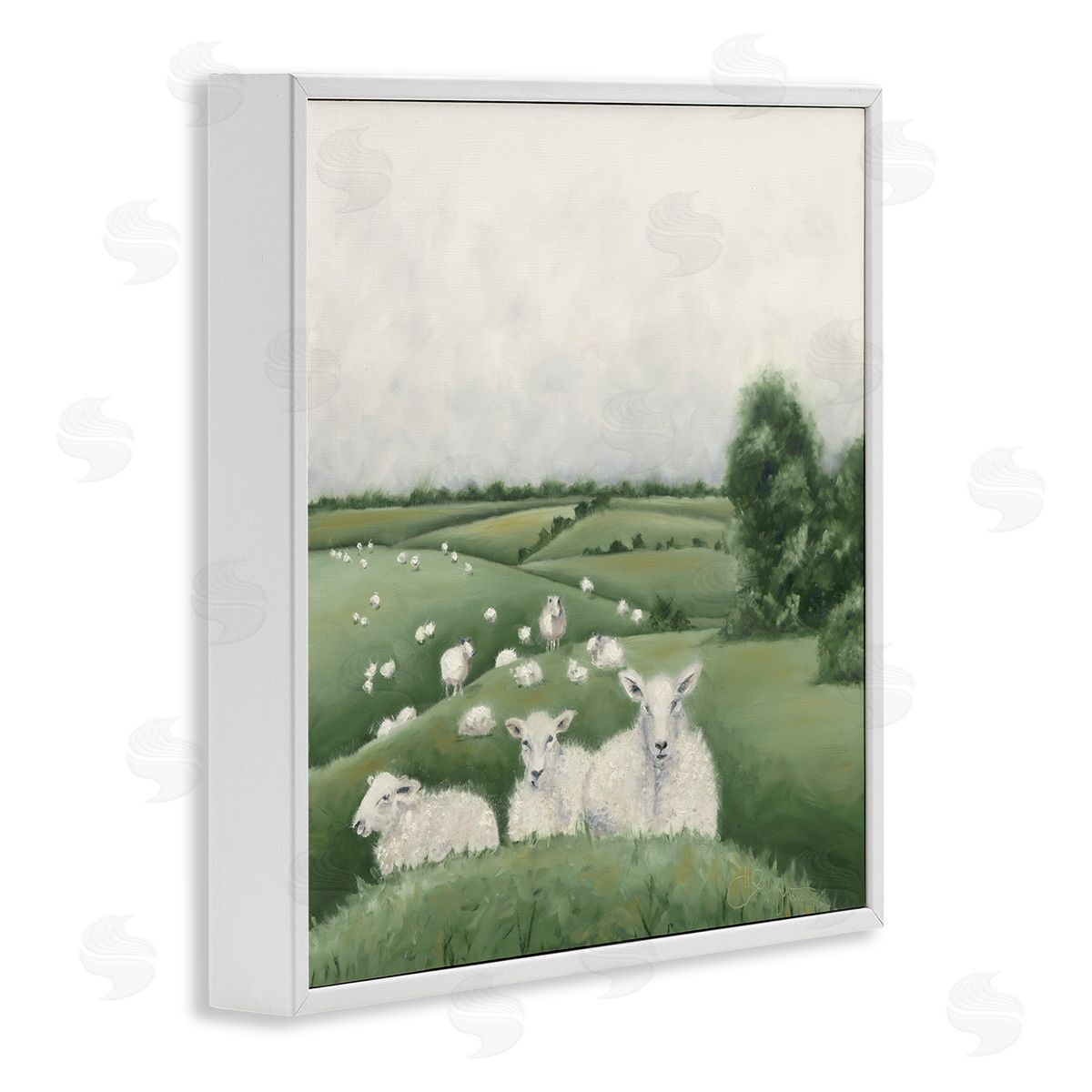 Sheep Flock in Rolling Hills White Frame Print Wall Art, Home Decor by Hollihocks Art