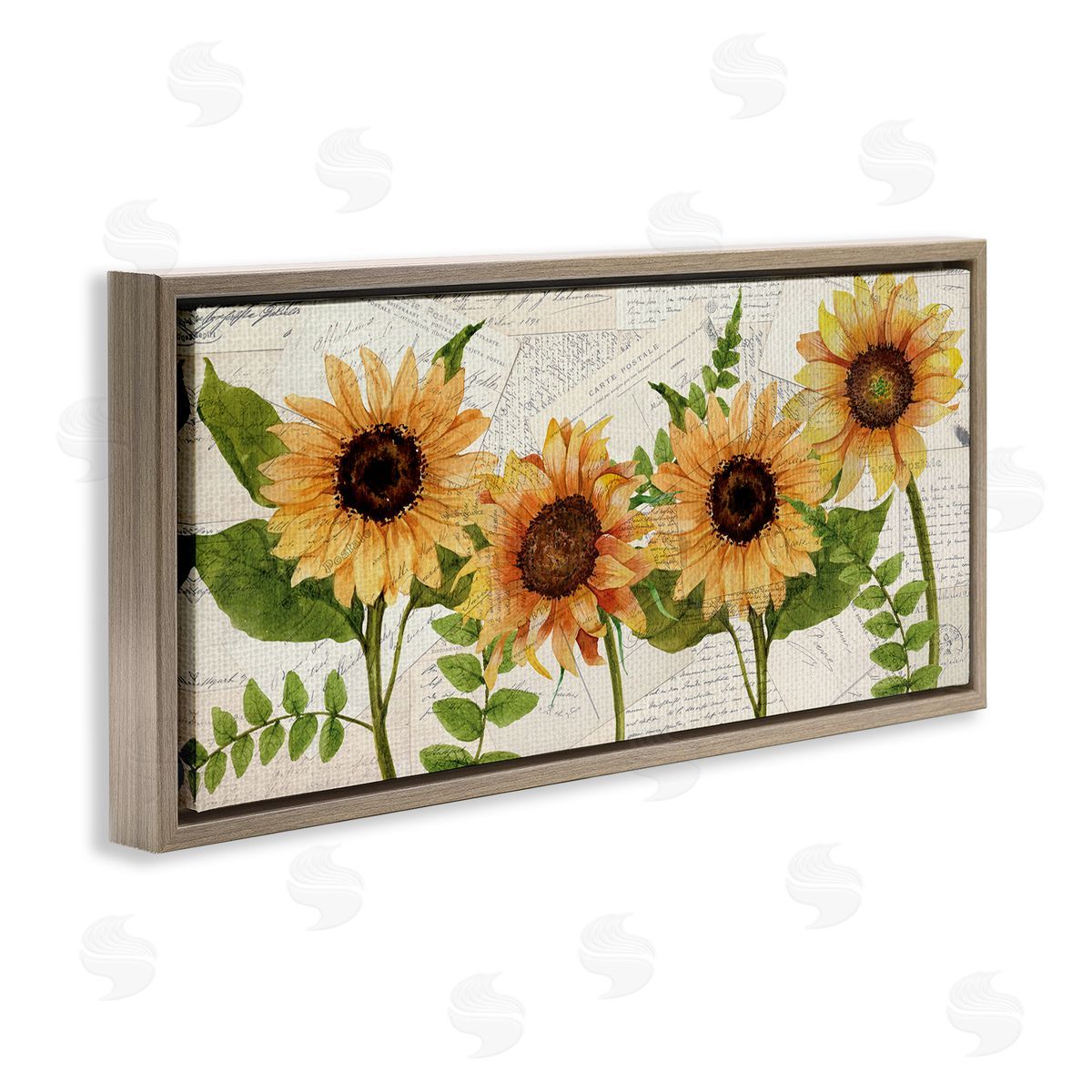 Sunflowers and Vintage Postcards Brown Floating Frame Canvas Wall Art, Home Decor by Kim Allen