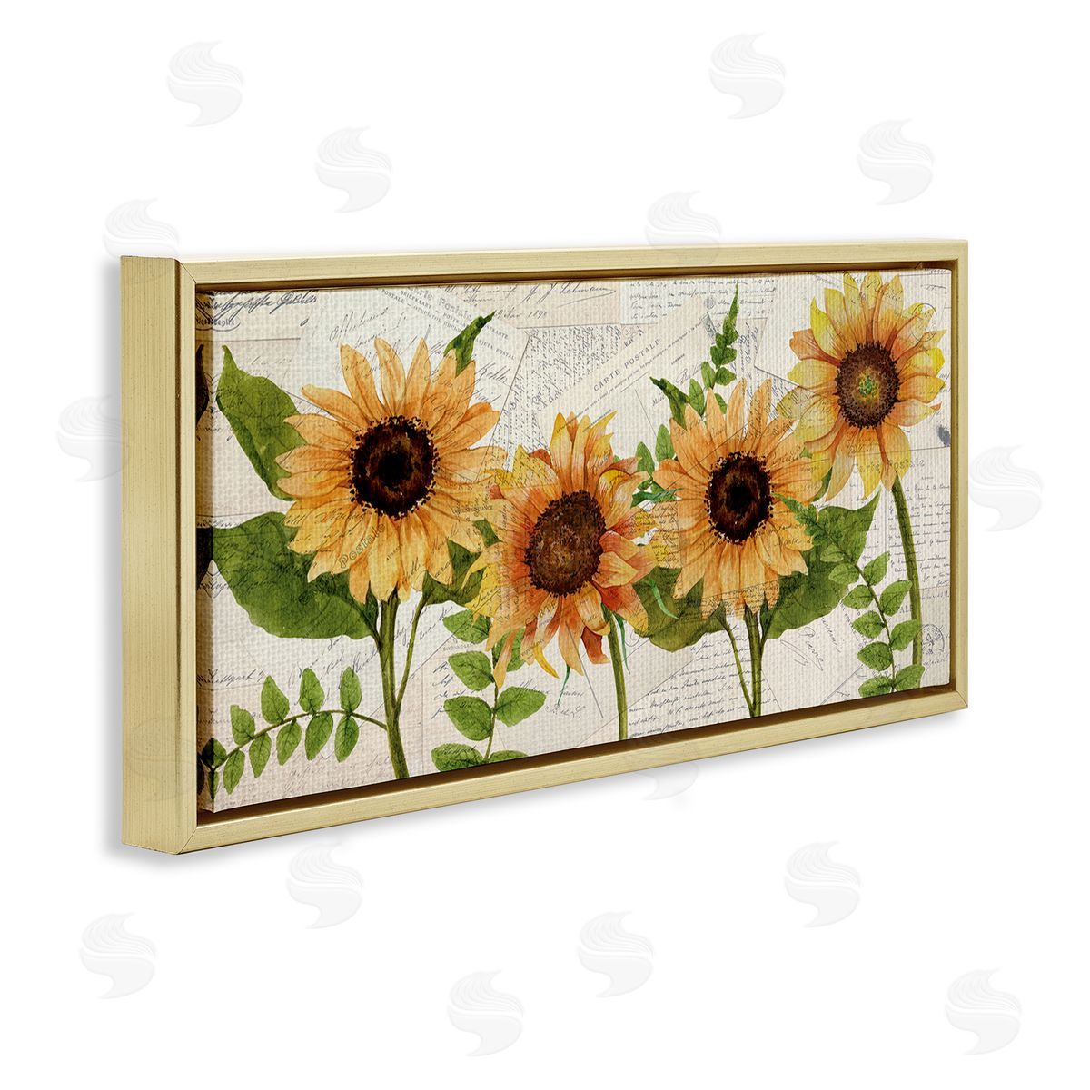 Sunflowers and Vintage Postcards Gold Floating Frame Canvas Wall Art, Home Decor by Kim Allen
