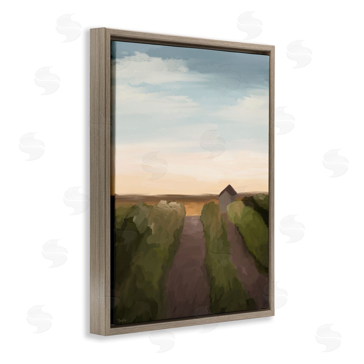 Subtle Vineyard Skyline Landscape Brown Floating Frame Canvas Wall Art, Home Decor by Gigi Louise