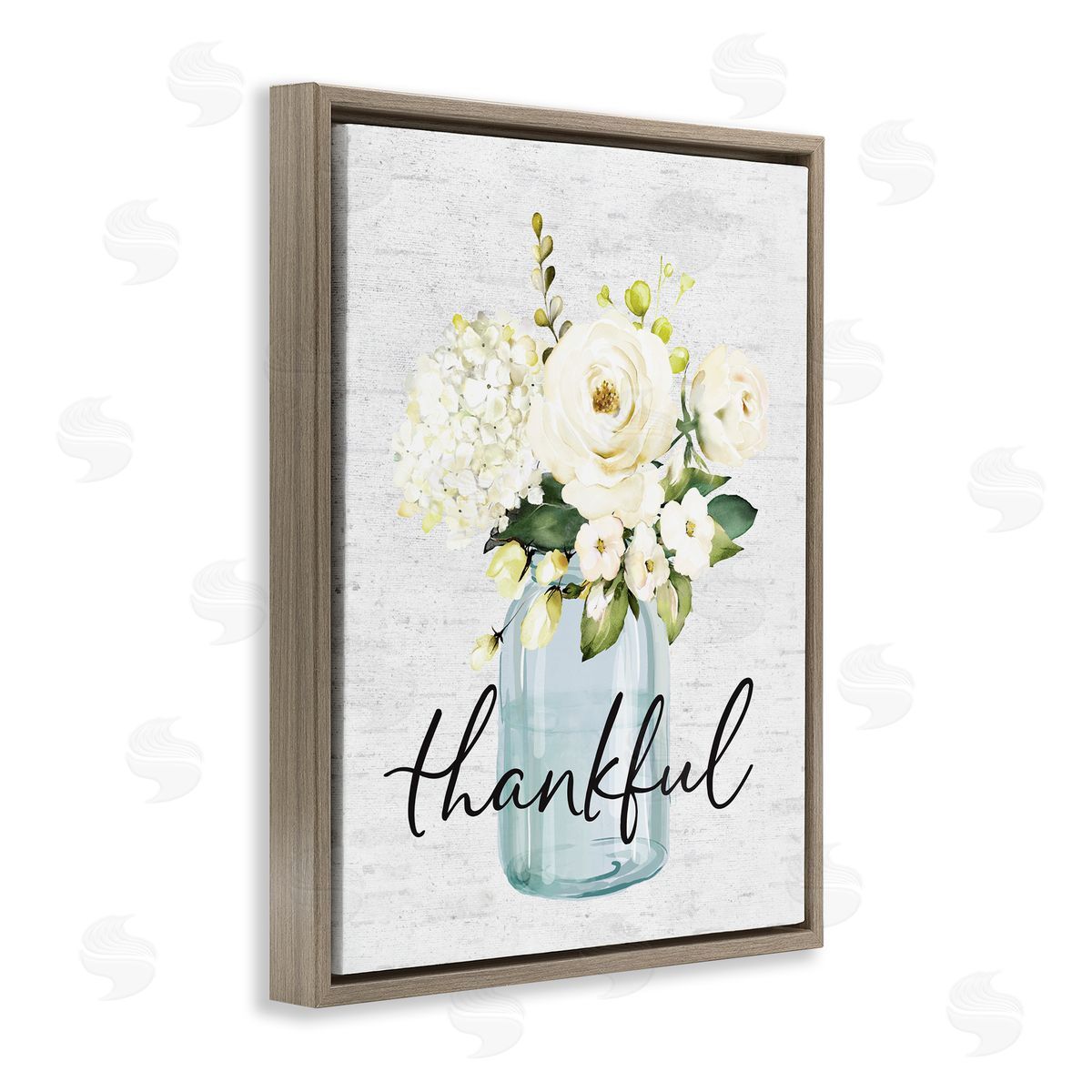 Thankful Phrase Over Country Florals Brown Floating Frame Canvas Wall Art, Home Decor by Lettered and Lined