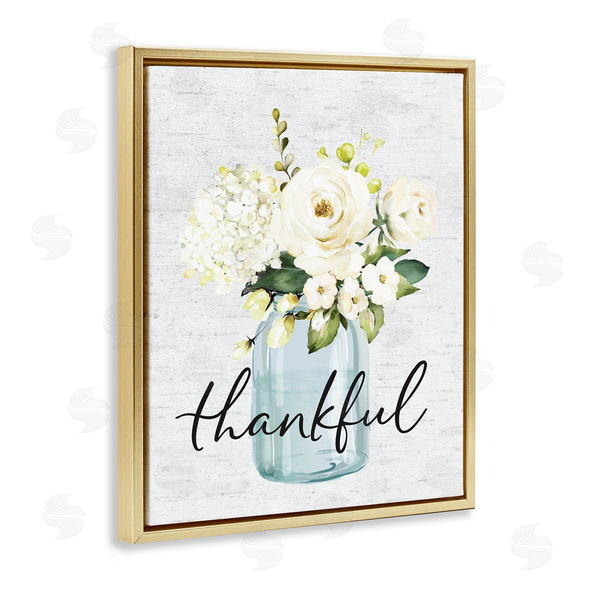 Thankful Phrase Over Country Florals Gold Floating Frame Canvas Wall Art, Home Decor by Lettered and Lined