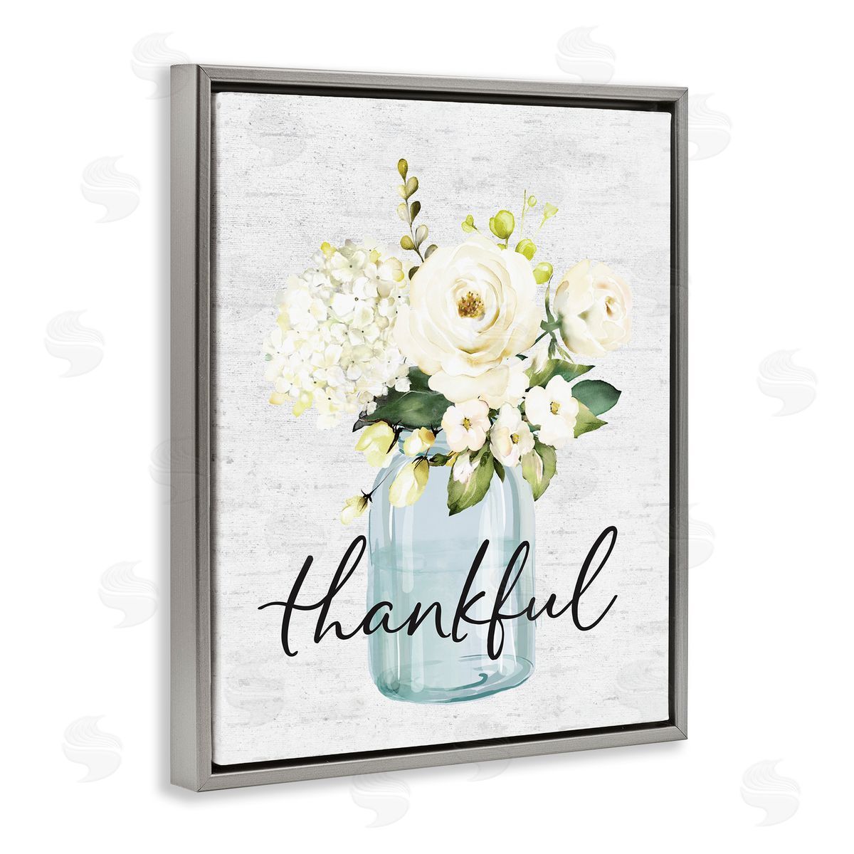 Thankful Phrase Over Country Florals Grey Floating Frame Canvas Wall Art, Home Decor by Lettered and Lined