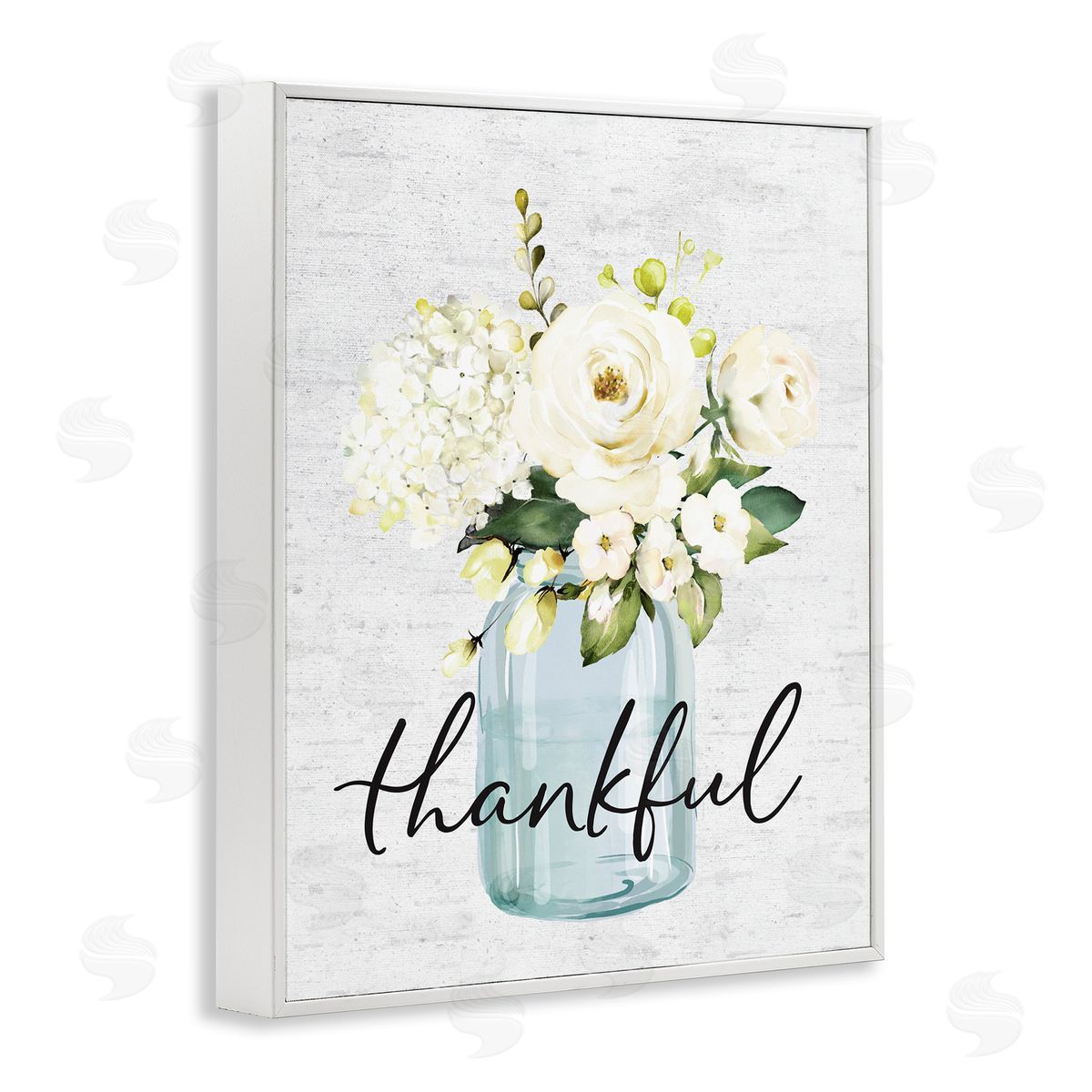 Thankful Phrase Over Country Florals White Frame Print Wall Art, Home Decor by Lettered and Lined