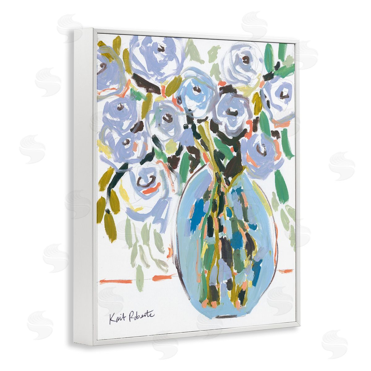 Abstract Blue Pastel Floral Bouquet White Frame Print Wall Art, Home Decor by Kait Roberts