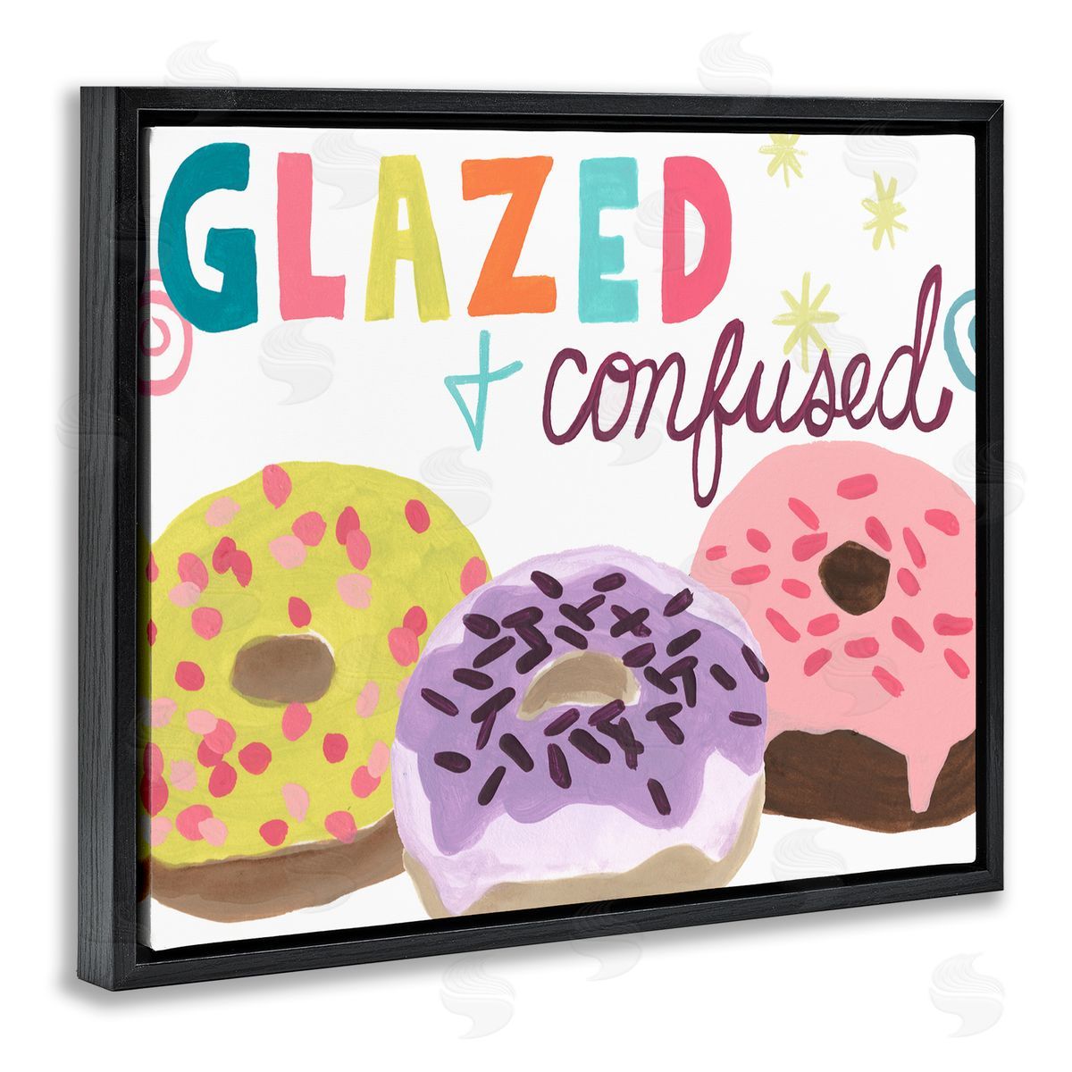 Glazed and Confused Donuts Black Floating Frame Canvas Wall Art, Home Decor by June Erica Vess