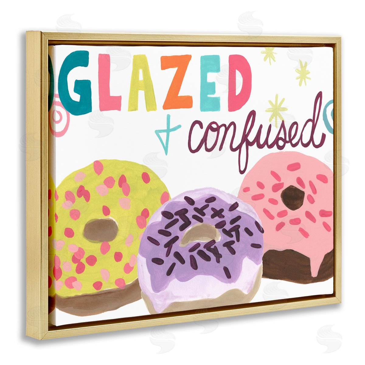 Glazed and Confused Donuts Gold Floating Frame Canvas Wall Art, Home Decor by June Erica Vess