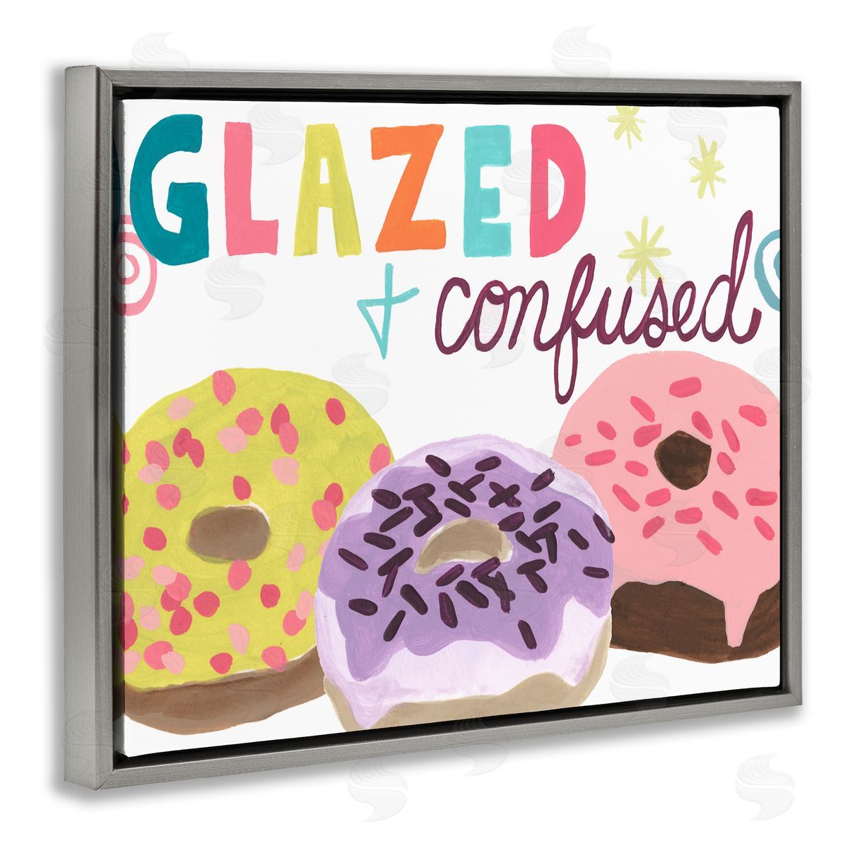 Glazed and Confused Donuts Grey Floating Frame Canvas Wall Art, Home Decor by June Erica Vess