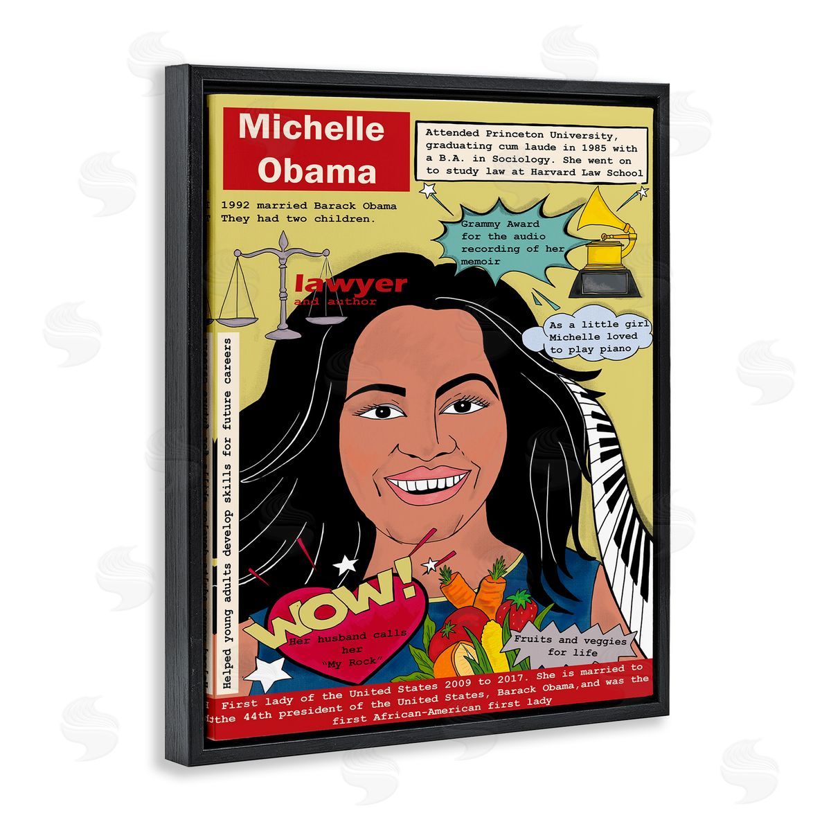 Michelle Obama Magazine Illustration Black Floating Frame Canvas Wall Art, Home Decor by Sangita Bachelet