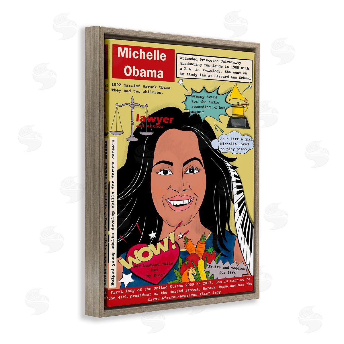 Michelle Obama Magazine Illustration Brown Floating Frame Canvas Wall Art, Home Decor by Sangita Bachelet