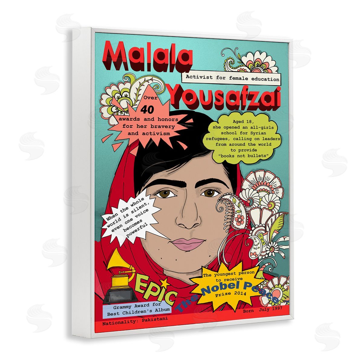 Malala Yousafzai Magazine Illustration White Frame Print Wall Art, Home Decor by Sangita Bachelet