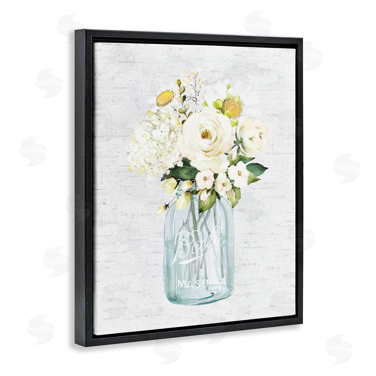 White Florals in Blue Jar Black Floating Frame Canvas Wall Art, Home Decor by Lettered and Lined