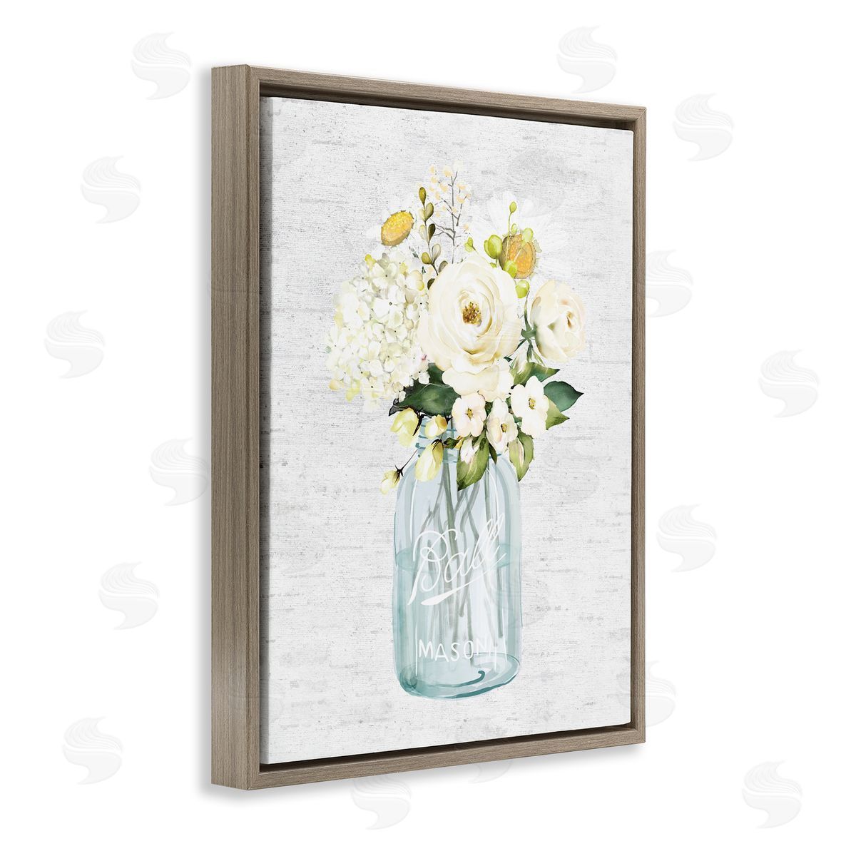 White Florals in Blue Jar Brown Floating Frame Canvas Wall Art, Home Decor by Lettered and Lined