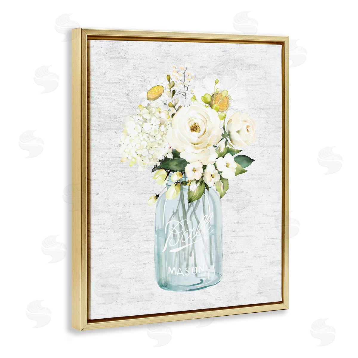 White Florals in Blue Jar Gold Floating Frame Canvas Wall Art, Home Decor by Lettered and Lined