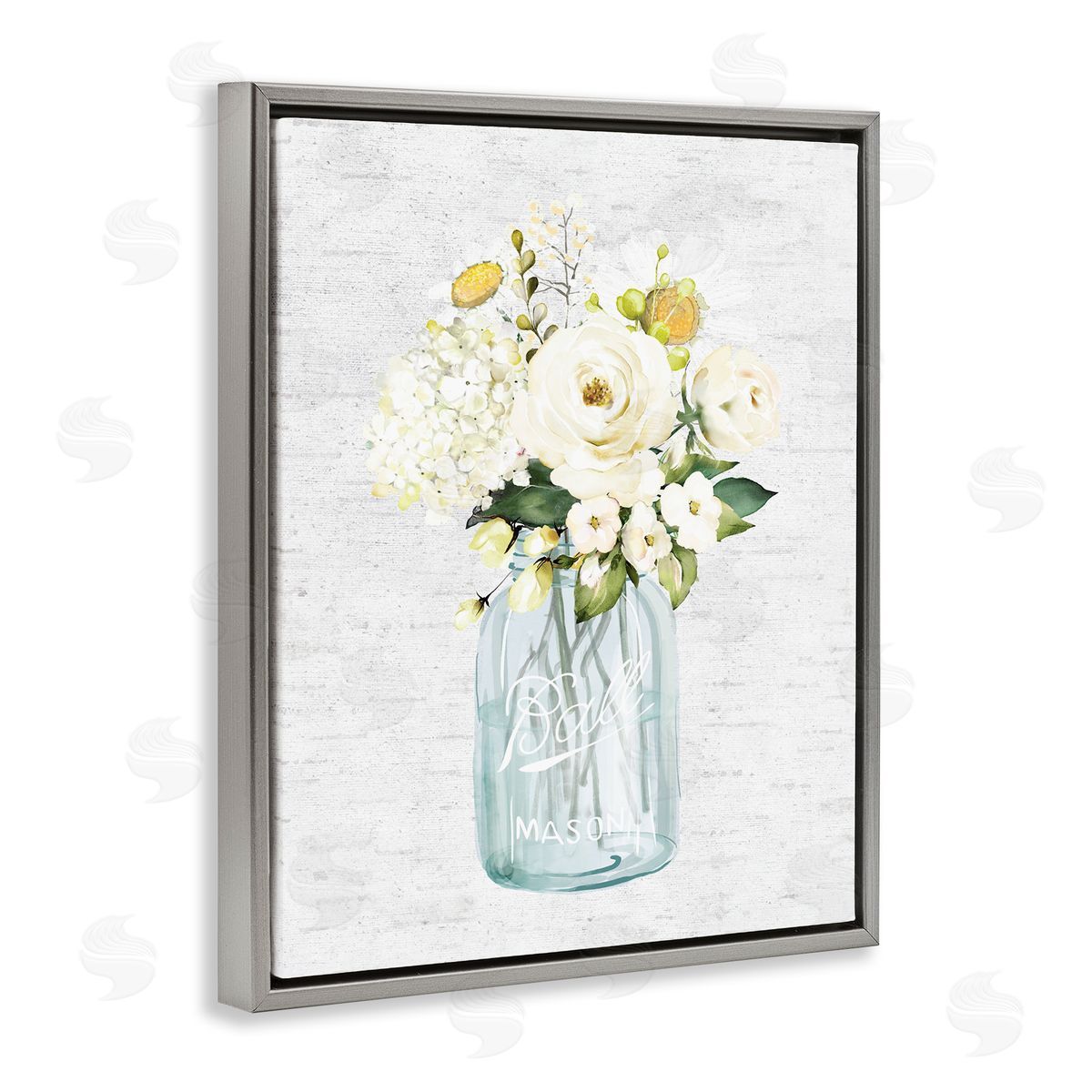 White Florals in Blue Jar Grey Floating Frame Canvas Wall Art, Home Decor by Lettered and Lined