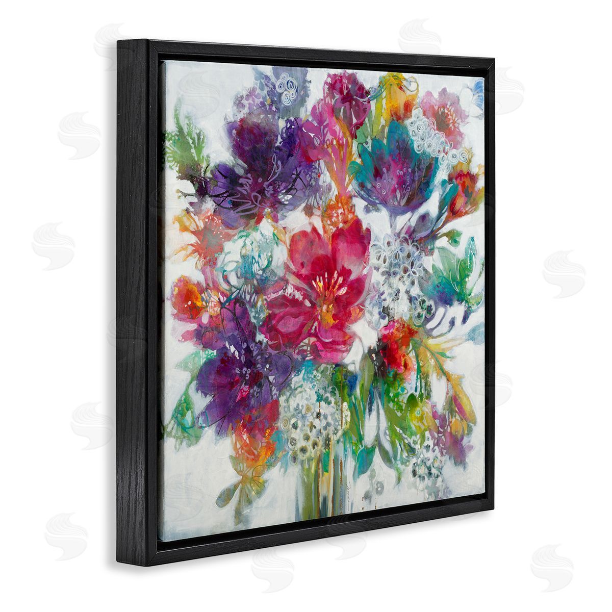 Whimsical Floral Pop Bouquet Black Floating Frame Canvas Wall Art, Home Decor by Liz Jardine