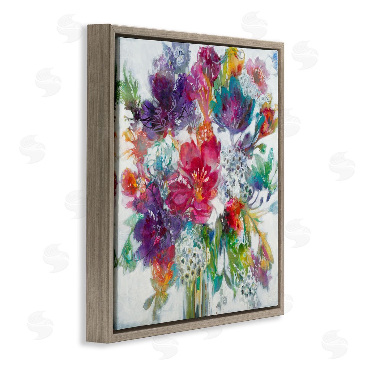 Whimsical Floral Pop Bouquet Brown Floating Frame Canvas Wall Art, Home Decor by Liz Jardine