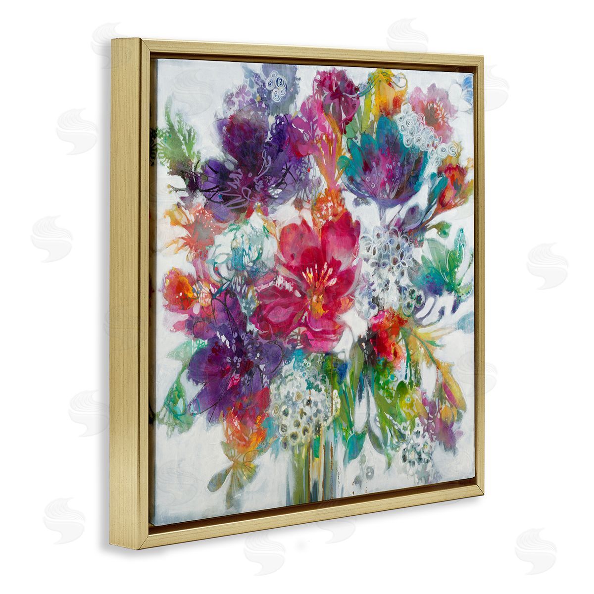 Whimsical Floral Pop Bouquet Gold Floating Frame Canvas Wall Art, Home Decor by Liz Jardine