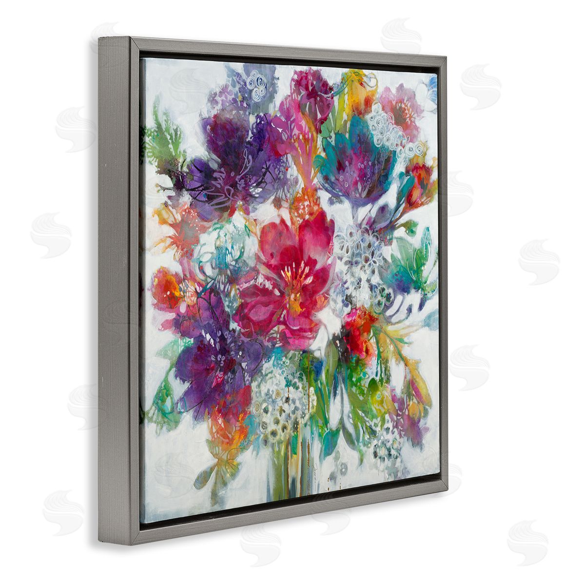 Whimsical Floral Pop Bouquet Grey Floating Frame Canvas Wall Art, Home Decor by Liz Jardine