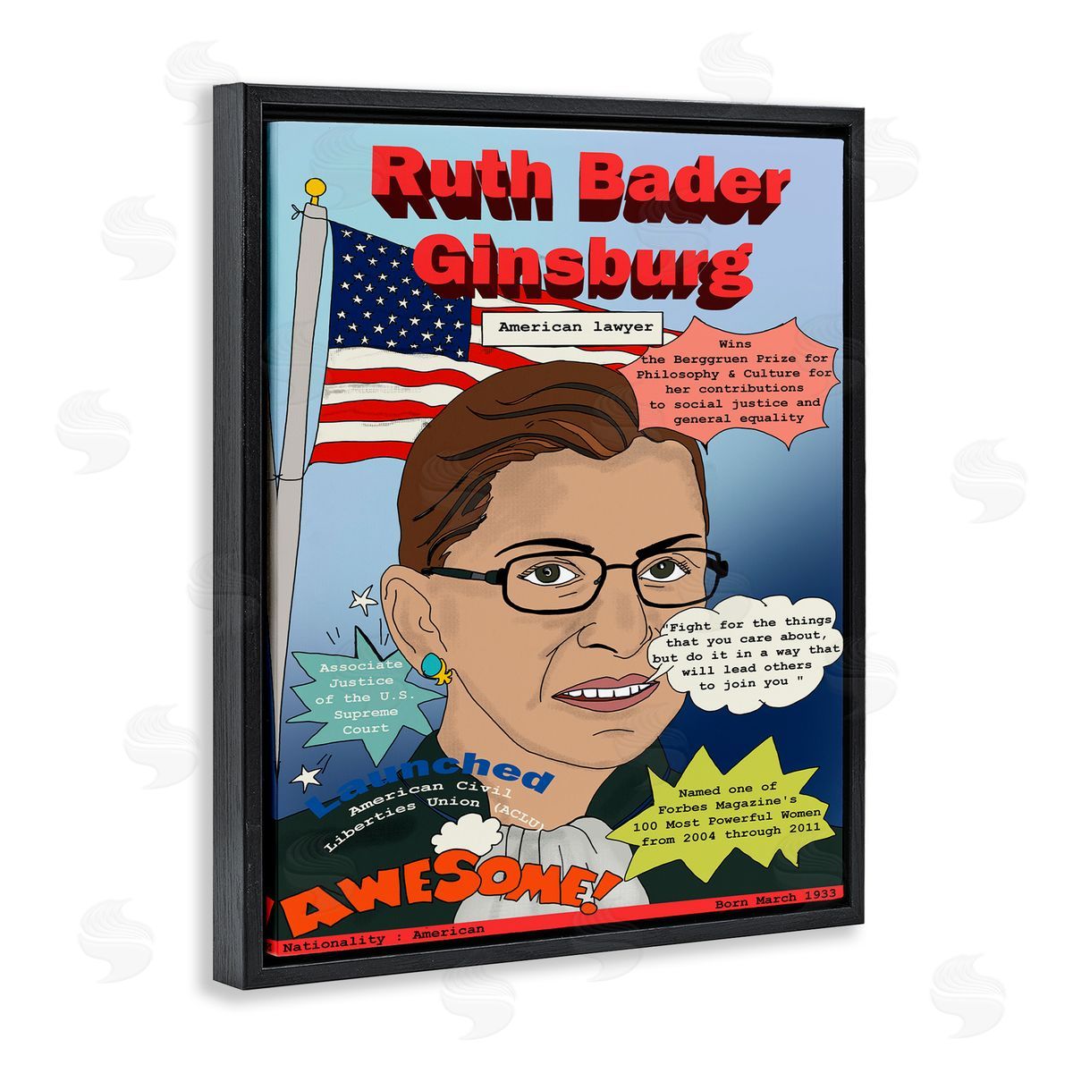 Bader Ginsburg Magazine Illustration Black Floating Frame Canvas Wall Art, Home Decor by Sangita Bachelet