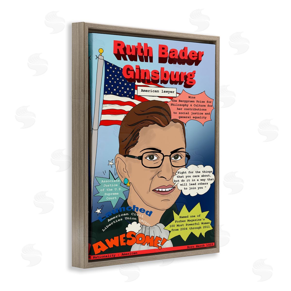 Bader Ginsburg Magazine Illustration Brown Floating Frame Canvas Wall Art, Home Decor by Sangita Bachelet