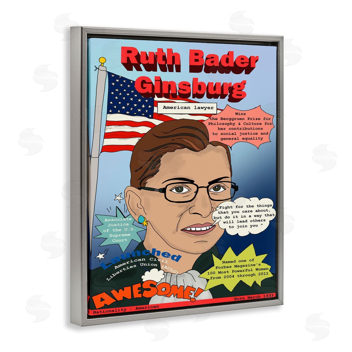 Bader Ginsburg Magazine Illustration Grey Floating Frame Canvas Wall Art, Home Decor by Sangita Bachelet