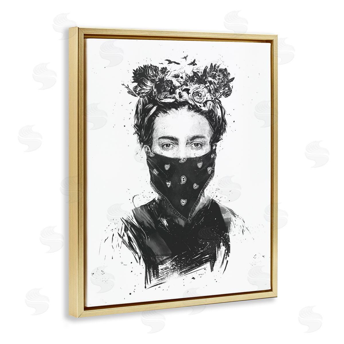 Rebel Girl Female Portrait Gold Floating Frame Canvas Wall Art, Home Decor by Balazs Solti