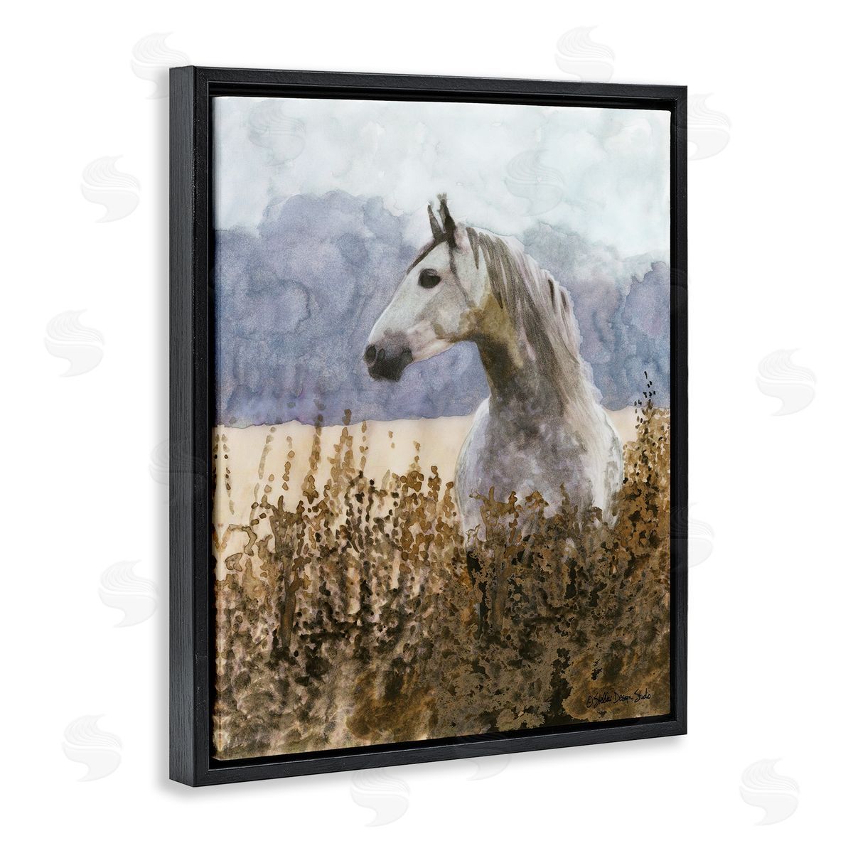 Wild Horse in Tall Grass Black Floating Frame Canvas Wall Art, Home Decor by Stellar Studio