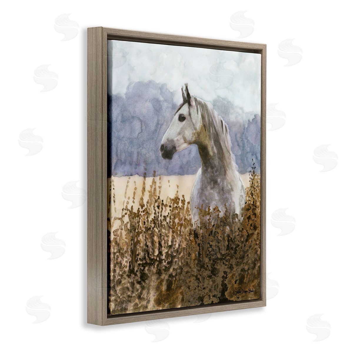 Wild Horse in Tall Grass Brown Floating Frame Canvas Wall Art, Home Decor by Stellar Studio