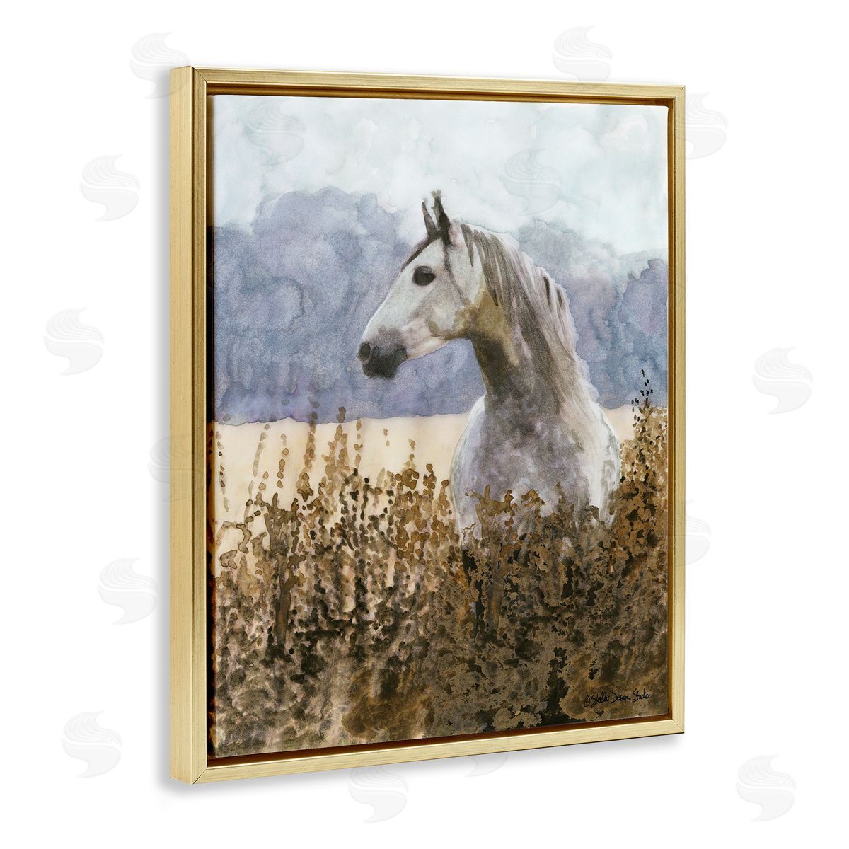 Wild Horse in Tall Grass Gold Floating Frame Canvas Wall Art, Home Decor by Stellar Studio