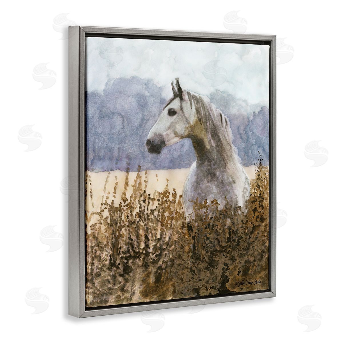 Wild Horse in Tall Grass Grey Floating Frame Canvas Wall Art, Home Decor by Stellar Studio