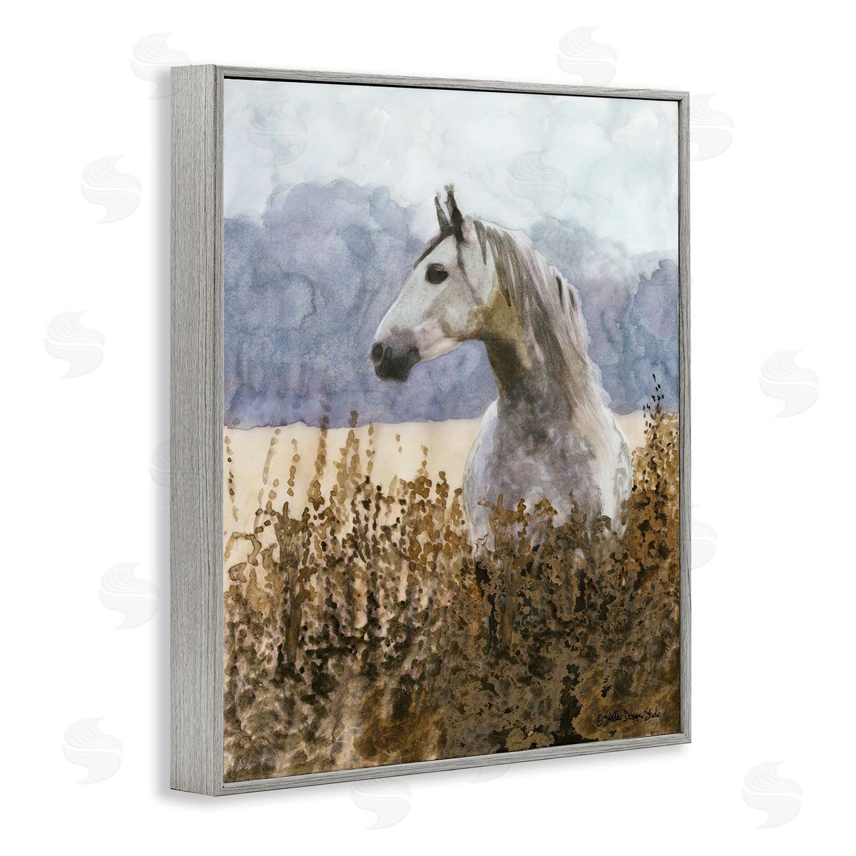 Wild Horse in Tall Grass Grey Frame Print Wall Art, Home Decor by Stellar Studio