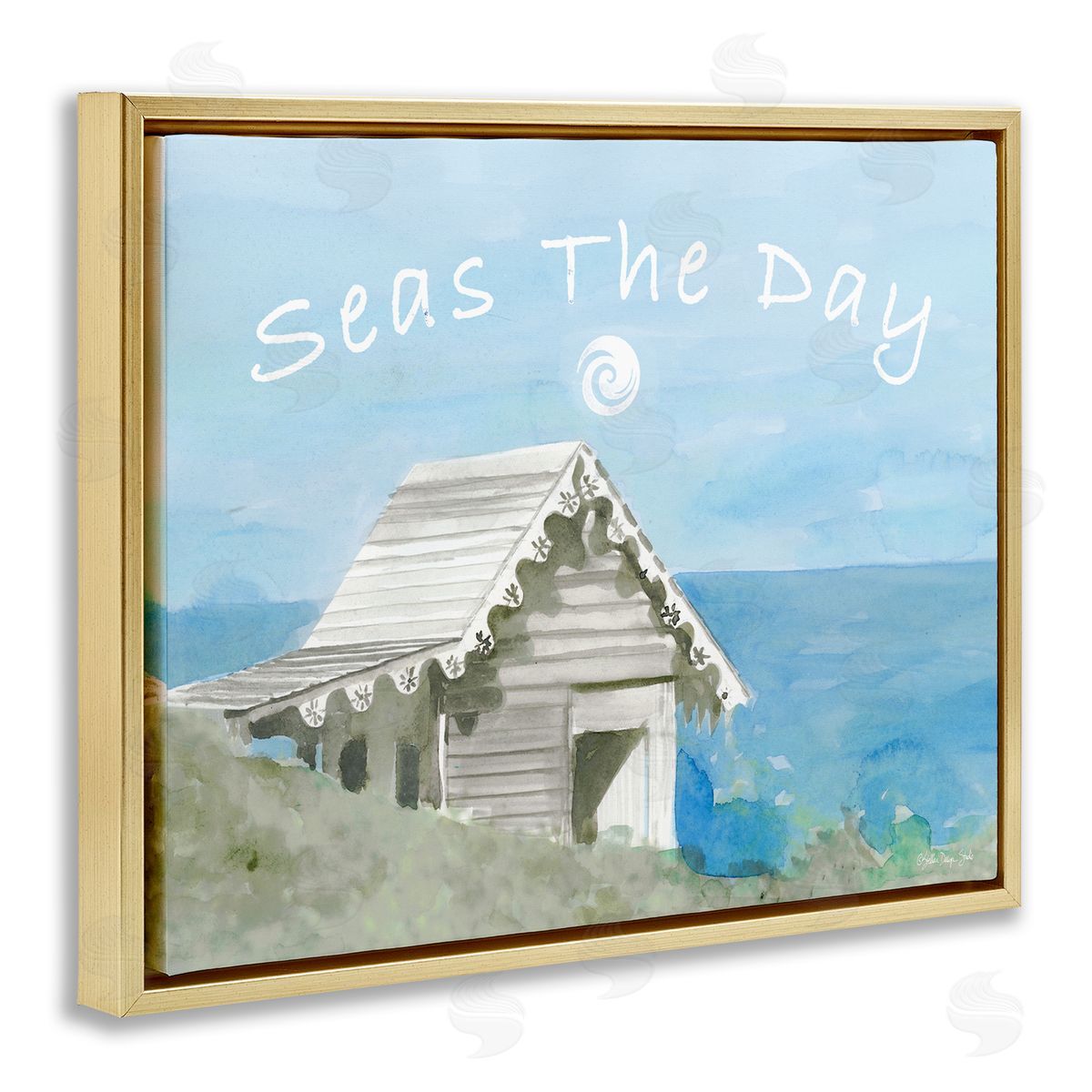 Seas the Day Beach Cottage Gold Floating Frame Canvas Wall Art, Home Decor by Stellar Studio